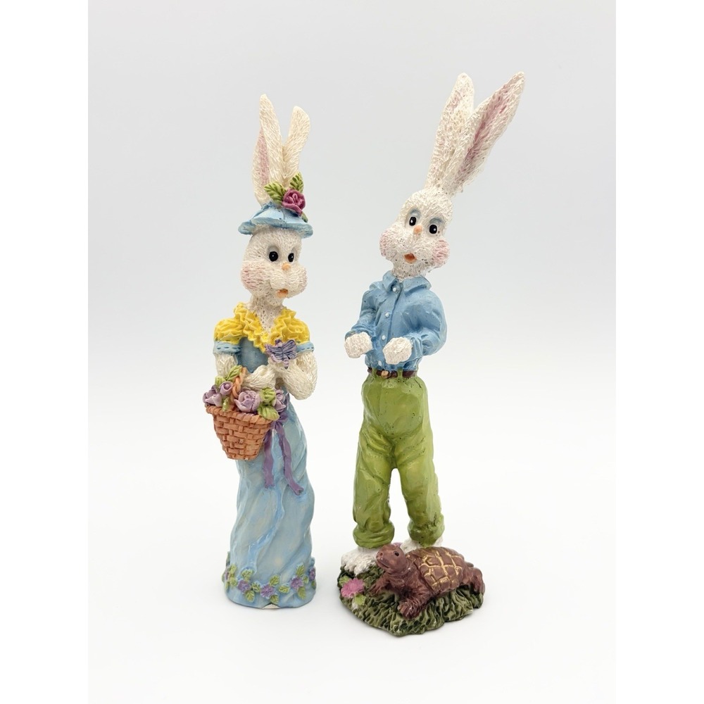 Vintage Easter Bunny Figurine Pair Resin Spring Rabbit Basket Turtle Set HB6037
